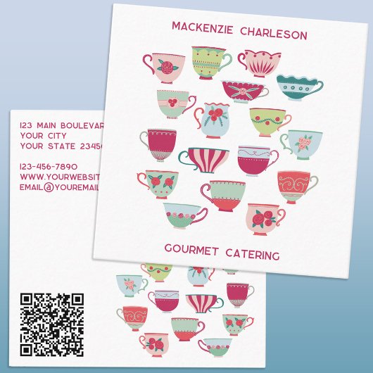 Retro Tea Cup Catering Bakkerij Cafe QR Code Vierkante Visitekaartje