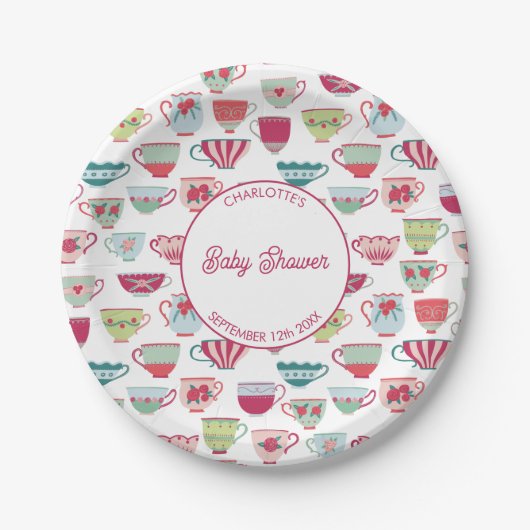 Retro Tea Party Baby shower Papieren Bordje (Voorkant)
