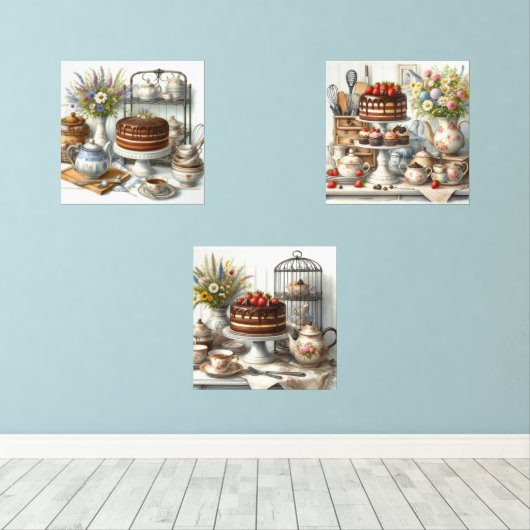 Retro Tea Time Cake Print Set van 3 (Houten vloer)