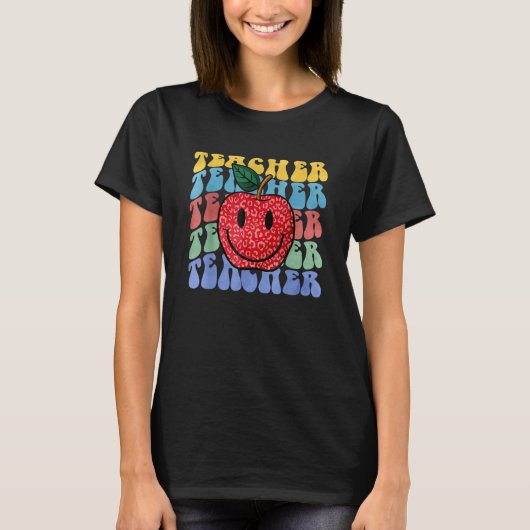 Retro Teacher Apple Leopard Groovy Back To School  T-shirt (Voorkant)