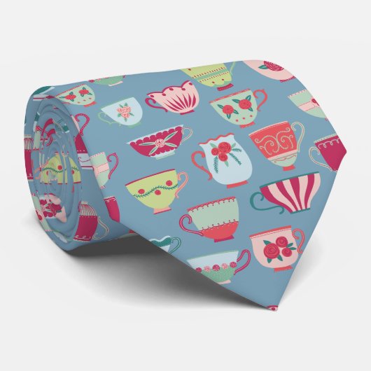 Retro Teacup Patroon Blue Stropdas (Opgerold)