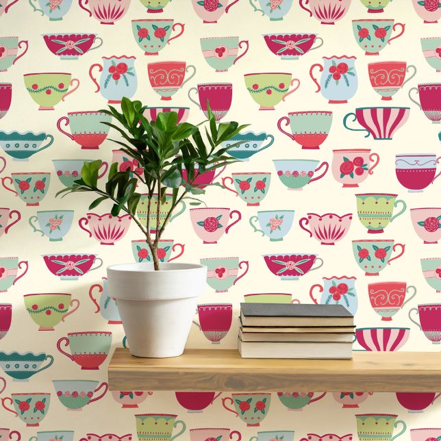 Retro Teacups Crème Behang (Retro teacup pattern art wallpaper)