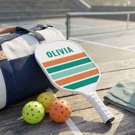 Retro Teal en Oranje Strepen Aangepaste Naam Pickleball Paddle