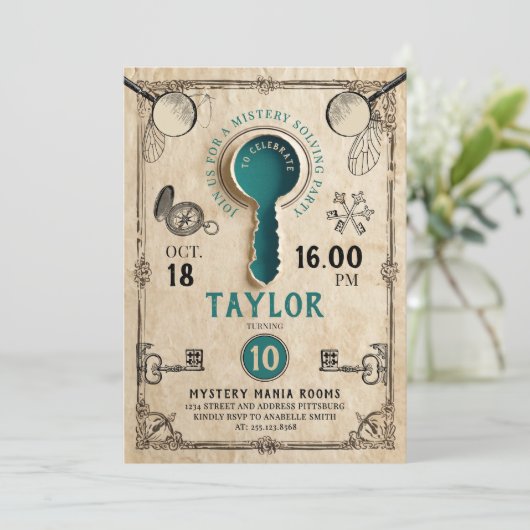 Retro Teal Escape Room Key Mystery Solving Spy Kaart (Staand voorkant)