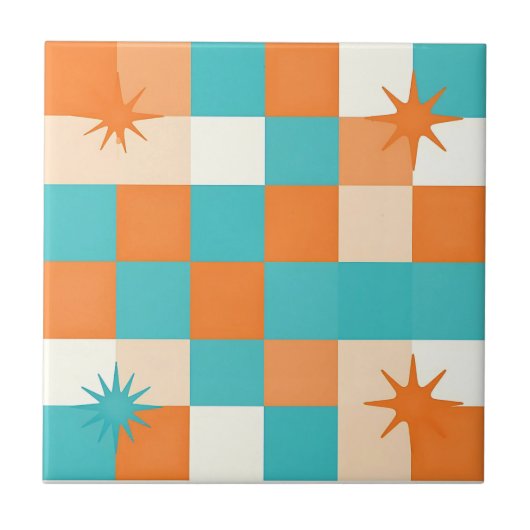 Retro Teal Orange Starburst Checkerboard Tegeltje (Voorkant)