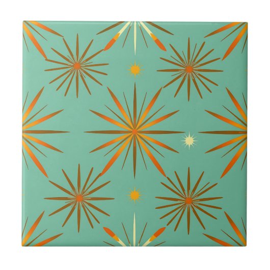 Retro Teal Orange Starburst Pattern Tegeltje (Voorkant)