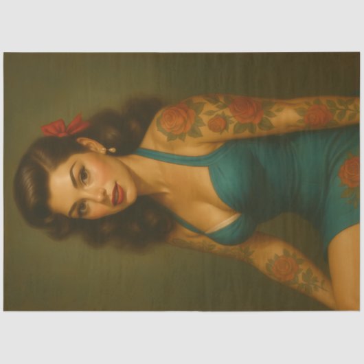 Retro Teal Pin-Up Tattoo Decoupage Tissuepapier (Voorkant)