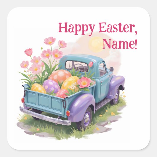 Retro Teal & Purple Truck with Easter Eggs Vierkante Sticker (Voorkant)