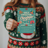 Retro Teal Ugly Sweater Christmas Party Invitation Feestdagenkaart