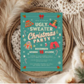 Retro Teal Ugly Sweater Christmas Party Invitation Feestdagenkaart