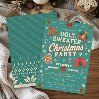 Retro Teal Ugly Sweater Christmas Party Invitation Feestdagenkaart