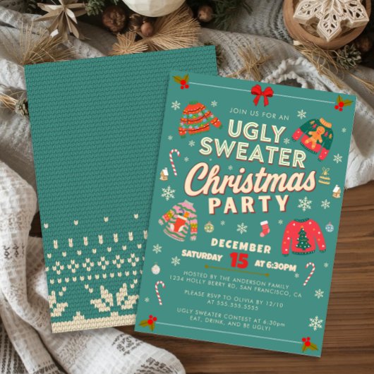 Retro Teal Ugly Sweater Christmas Party Invitation Feestdagenkaart