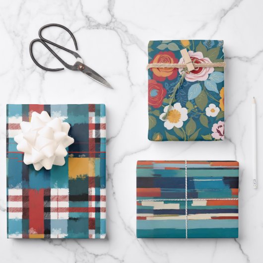 Retro Teals Plaid Floral en Line Set van 3 Inpakpapier Vel (Voorkant)