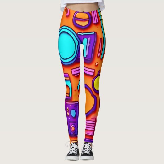 Retro Tech Pop: Nostalgische gadget collage Leggings (Voorkant)