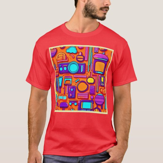 Retro Tech Pop: Nostalgische gadget collage T-shirt (Voorkant)