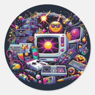 Retro Tech Speeltuin: Een Nostalgische 90s Odyssey Ronde Sticker