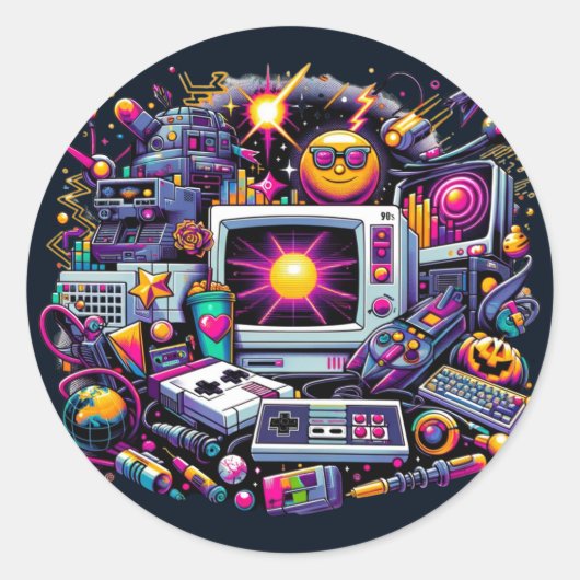 Retro Tech Speeltuin: Een Nostalgische 90s Odyssey Ronde Sticker (Voorkant)