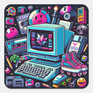 Retro Tech Speeltuin: Een Nostalgische 90s Odyssey Vierkante Sticker