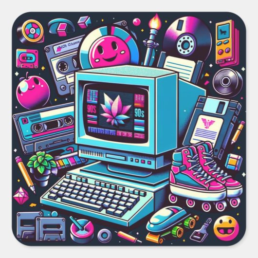Retro Tech Speeltuin: Een Nostalgische 90s Odyssey Vierkante Sticker (Voorkant)