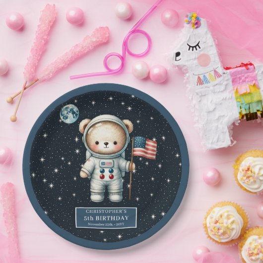 Retro Teddy Bear Astronaut eerste verjaardagsfeest Papieren Bordje (Feest)