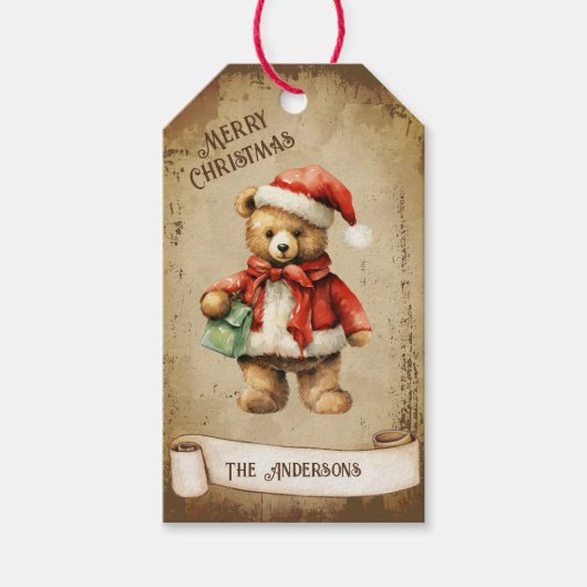 Retro  Teddy Bear Custom Merry Christmas Cadeaulabel (Voorkant)