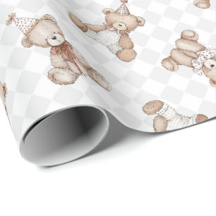 Retro teddybeer nostalgie Ruffle geruit  Cadeaupapier