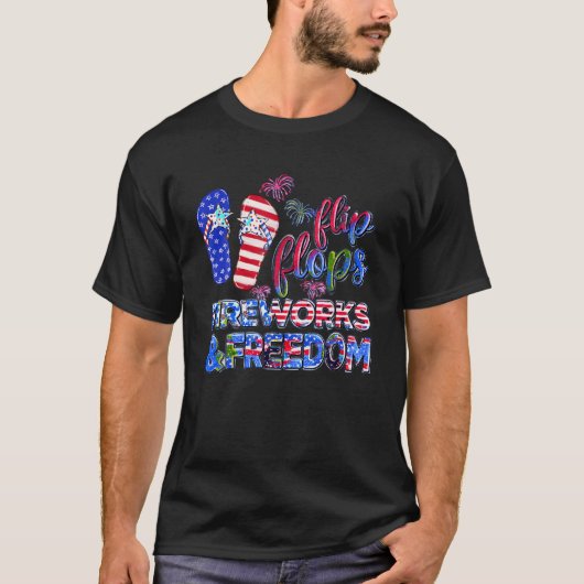 Retro Teenslippers Vuurwerk Vrijheid Amerikaanse V T-shirt (Voorkant)