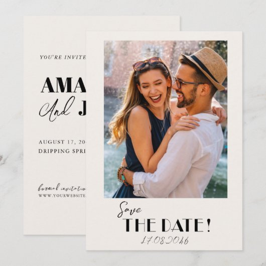 Retro tekst en foto bruiloft opslaan van de datum save the date (Voorkant / Achterkant)