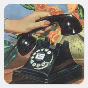 Retro telefoon met draaischijf, vintage bedrijf vierkante sticker