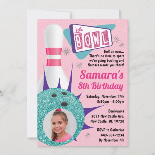 Retro Tenpin Bowling Party in roze & Blauwgroen fo Kaart (Voorkant)