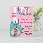 Retro Tenpin Bowling Party in roze & Blauwgroen fo Kaart (Staand voorkant)