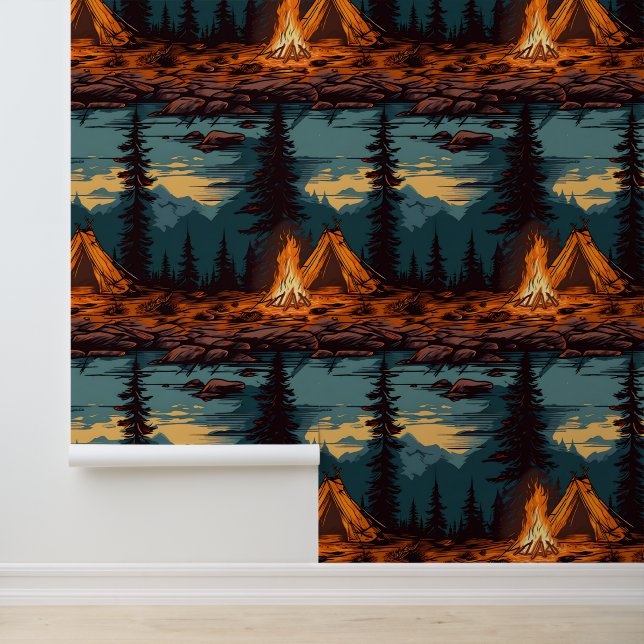Retro tent en kampvuur behang (Applicatie)