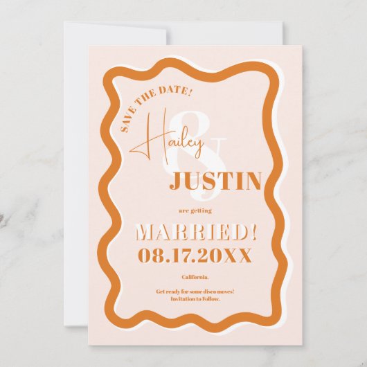 Retro terracotta curve die de golvende fotobruilof save the date (Voorkant)