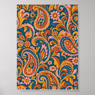 Retro Terracotta en Navy Blauwe Naadloze Paisley P Poster