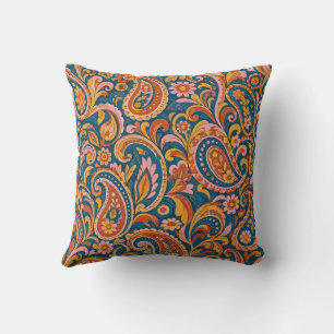 Retro Terracotta en Navy Blauwe Paisley Worpkussen Kussen