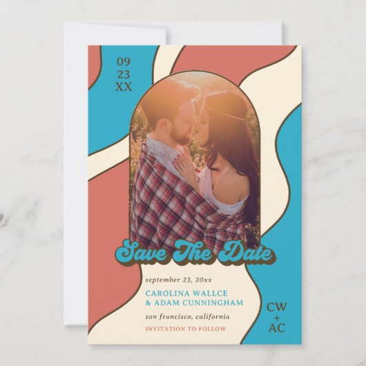 Retro Terracotta en Sky Blue 70s Graphic Art Save The Date (Voorkant)