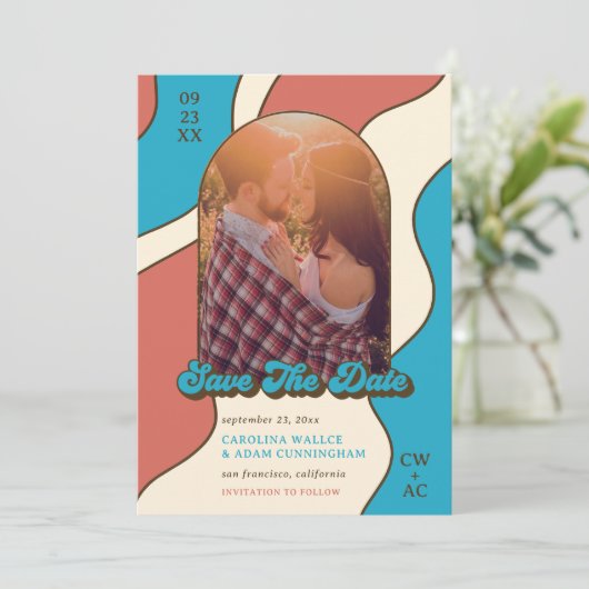 Retro Terracotta en Sky Blue 70s Graphic Art Save The Date (Staand voorkant)