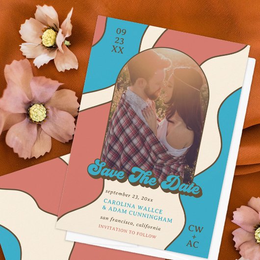 Retro Terracotta en Sky Blue 70s Graphic Art Save The Date