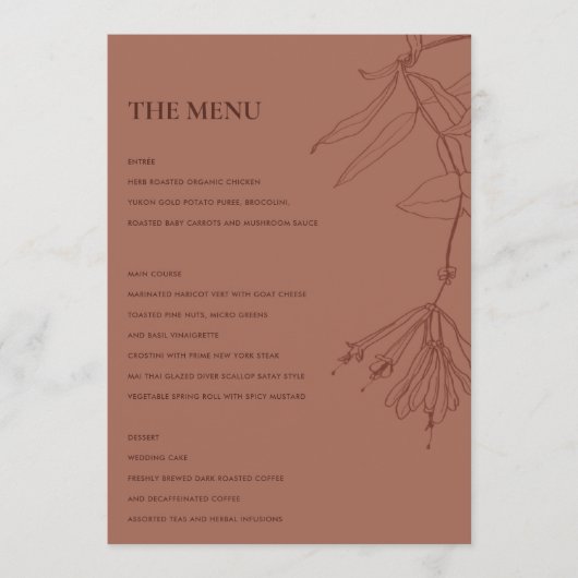 RETRO TERRACOTTA RED LINE DRAWING FLORAL MENU (Voorkant)