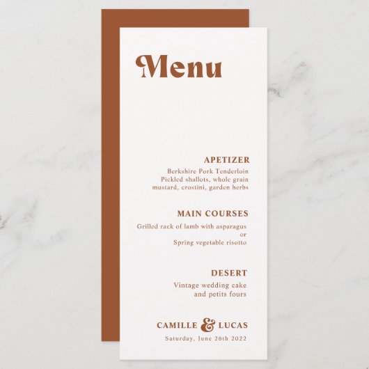 Retro Terracotta Rust Wedding Menu (Voorkant / Achterkant)
