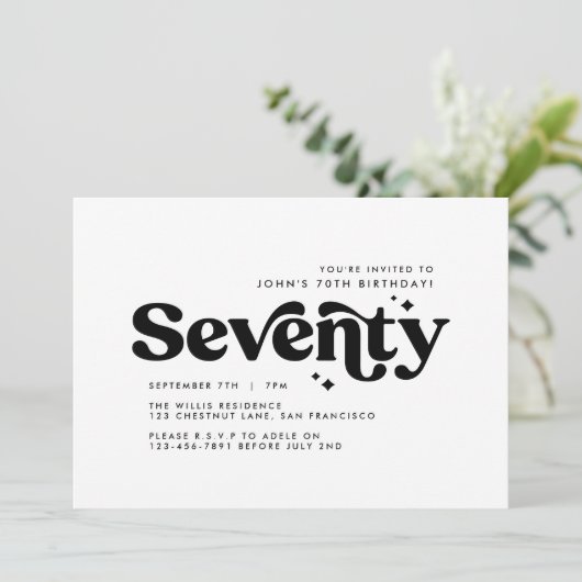 Retro terug wit modern minimal 70e verjaardag kaart (Staand voorkant)