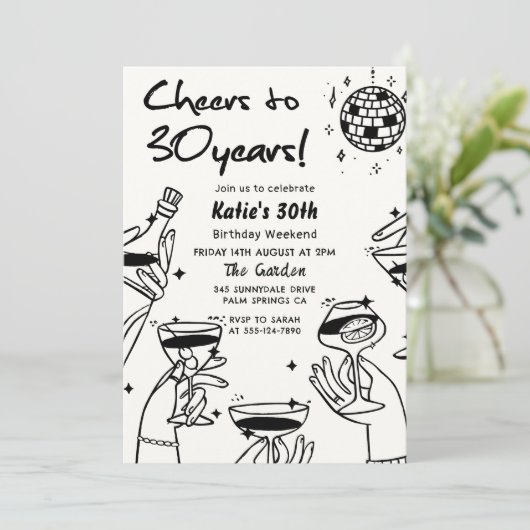 Retro Terug Witte Hand Getrokken Funky 30e Verjaar Kaart (Staand voorkant)