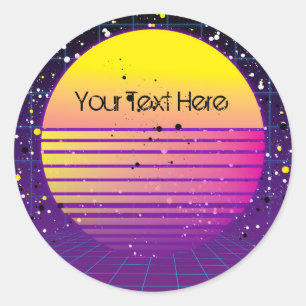 Retro terugblik naar 80's Paarse Gele Zon Feest Ronde Sticker