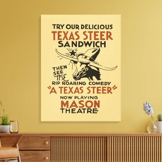Retro Texas Steer Sandwich en theaterspeeladverten Canvas Afdruk (Insitu (Woonkamer))
