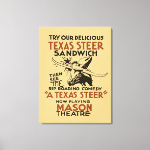 Retro Texas Steer Sandwich en theaterspeeladverten Canvas Afdruk