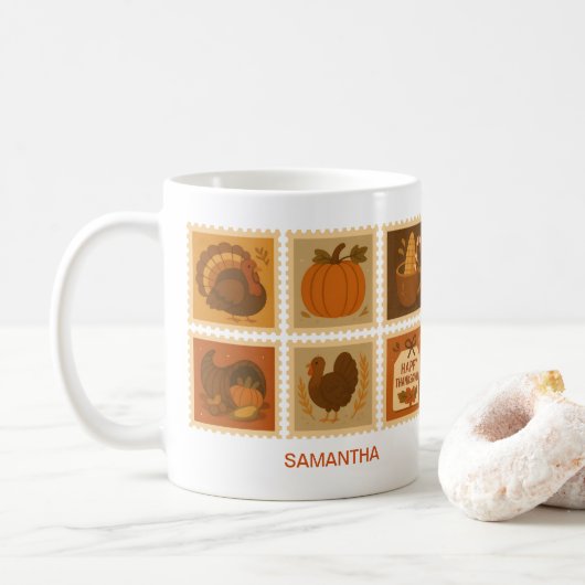 Retro Thanksgiving Stamp Collage Gepersonaliseerd Koffiemok (Met donut)
