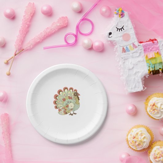 Retro Thanksgiving Turkije -  Bloemen Papieren Bordje (Feest)