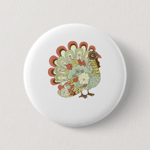 Retro Thanksgiving Turkije - Bloemen Ronde Button 5,7 Cm