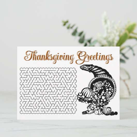 Retro Thanksgiving Wensen Maze en Hoorn van Overvl Feestdagenkaart (Staand voorkant)