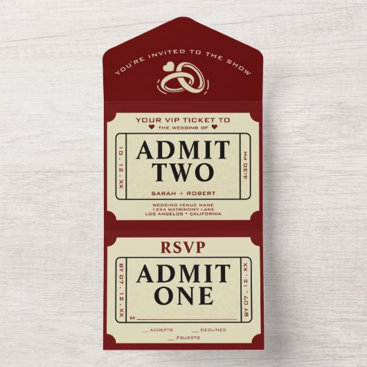 Retro Theater Film Ticket Stub Geef Twee Bruiloft All In One Uitnodiging (Binnen)